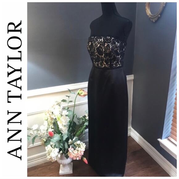 ANN TAYLOR VTG Strapless Black Satin & Lace Prom or Evening Gown 4 - Picture 9 of 12